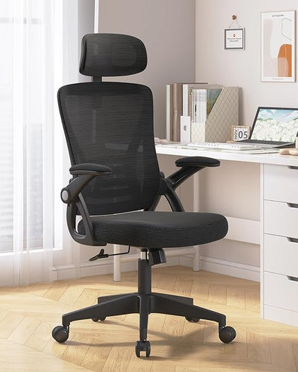 Ergonomic Office Chair, Mid Back Desk Chair with Adjustable Height, Swivel Chair with Flip-Up Arms and Lumbar Support, Breathable Mesh Computer Chair with Headrest (Black) - LeafyLoom