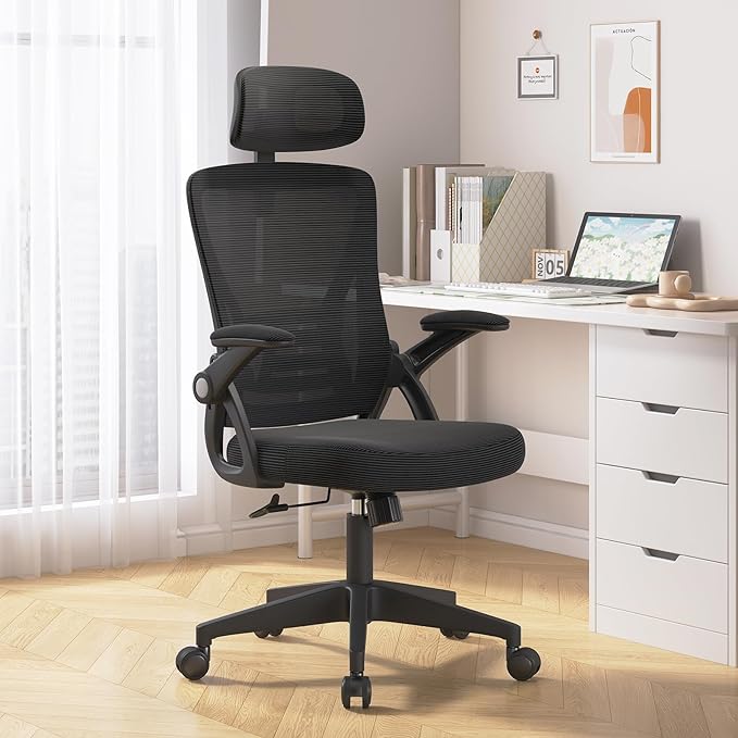Ergonomic Office Chair, Mid Back Desk Chair with Adjustable Height, Swivel Chair with Flip-Up Arms and Lumbar Support, Breathable Mesh Computer Chair with Headrest (Black) - LeafyLoom