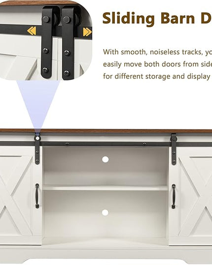 TV Stand with 2 Sliding Barn Doors, 59 Inch Television Stands with Adjustable Shelves for TVs Up to 65", Entertainment Center with Storage for Living Room, Distressed White - LeafyLoom