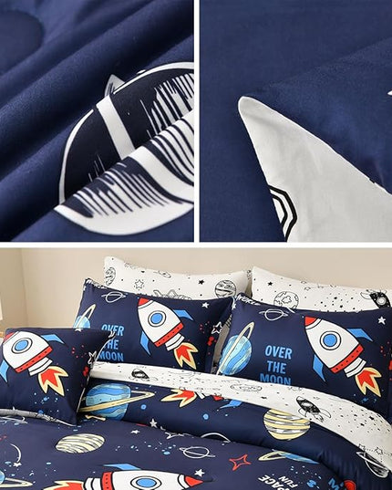 8 Piece Kid Comforter Set Twin Size Bed in a Bag, Space Rocket Bedding Set for Teen Boys Girls - LeafyLoom
