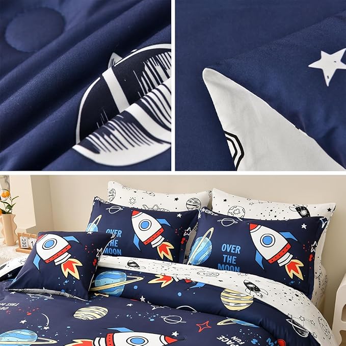 8 Piece Kid Comforter Set Twin Size Bed in a Bag, Space Rocket Bedding Set for Teen Boys Girls - LeafyLoom