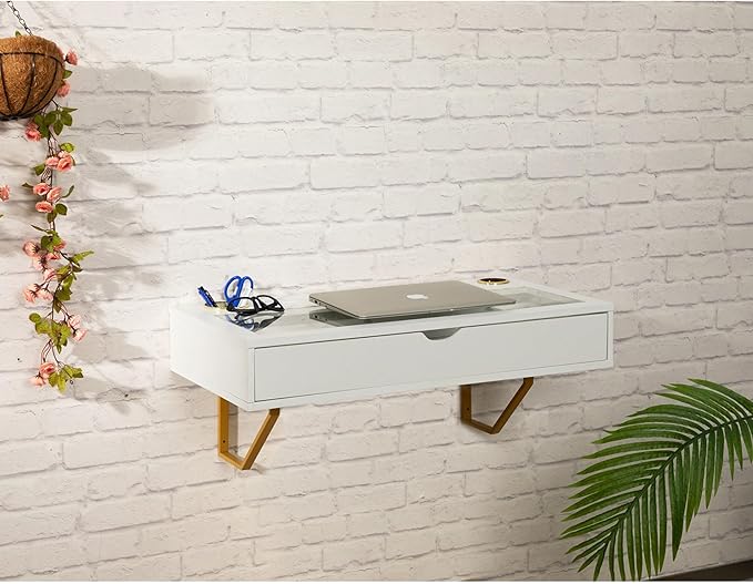 ALIMORDEN Floating Shelf with Drawer,Floating Drawer for Bathroom, White Wall Mounted Desk,Pull Out Drawer, 31 inch Surface, Floating Wall Desk, Hanging Desk, White - LeafyLoom