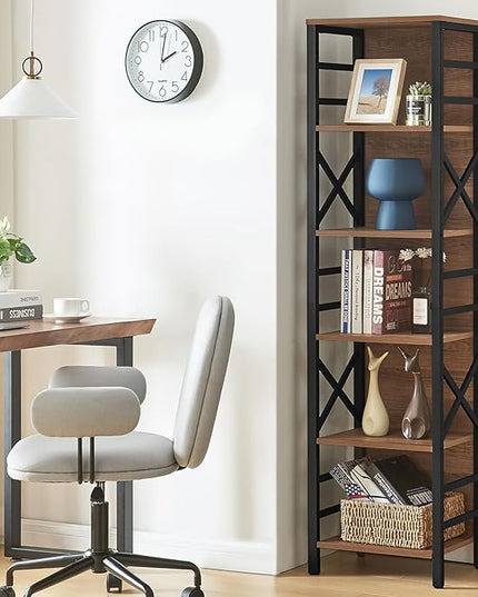 Bookcase, Narrow Bookcase with Cube Storage Shelf, Industrial 6 Tier Slim Bookshelf,Skinny Bookseca for Corner Small Space, Living Room, Bedroom and Home Office, Brown - LeafyLoom