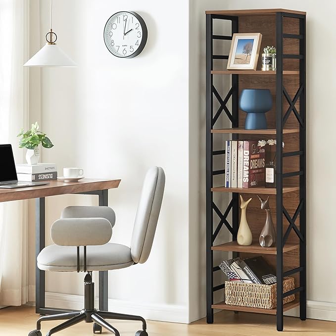 Bookcase, Narrow Bookcase with Cube Storage Shelf, Industrial 6 Tier Slim Bookshelf,Skinny Bookseca for Corner Small Space, Living Room, Bedroom and Home Office, Brown - LeafyLoom