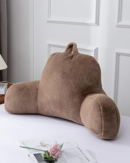A Nice Night Faux Fur Soft Reading Pillow Bed Wedge Adult Backrest with Arms Back Support for Sitting Up in Bed/Couch for Bedrest,Khaki,Large - LeafyLoom