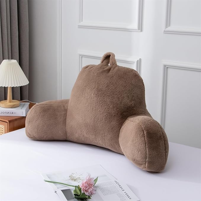 A Nice Night Faux Fur Reading Pillow Bed Wedge Large Adult Children Backrest with Arms Back Support for Sitting Up in Bed/Couch for Bedrest,Khaki - LeafyLoom