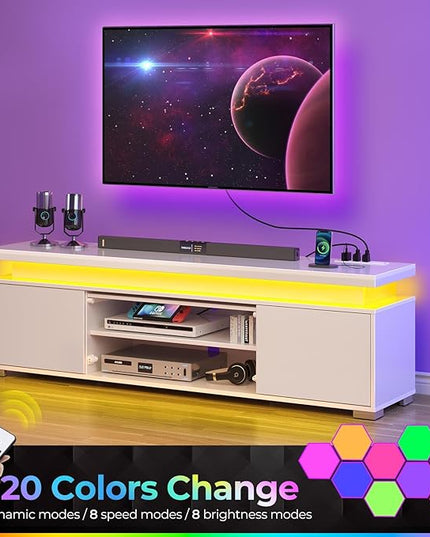 Rolanstar TV Stand with LED Lights & Power Outlet, Modern Entertainment Center for 32/43/50/55/65 Inchs TVs, Table, Universal Gaming Media Stand Storage Cabinet and Large Storage, White - LeafyLoom