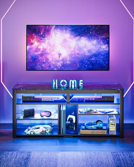 Bestier LED Tall Entertainment Center, 55 inch TV Stand for 55/60/65 inch TV, Gaming TV Cabinet with Storage for PS5, Adjustable Shelf Media TV Console for Living Room Bedroom, Black Marble - LeafyLoom