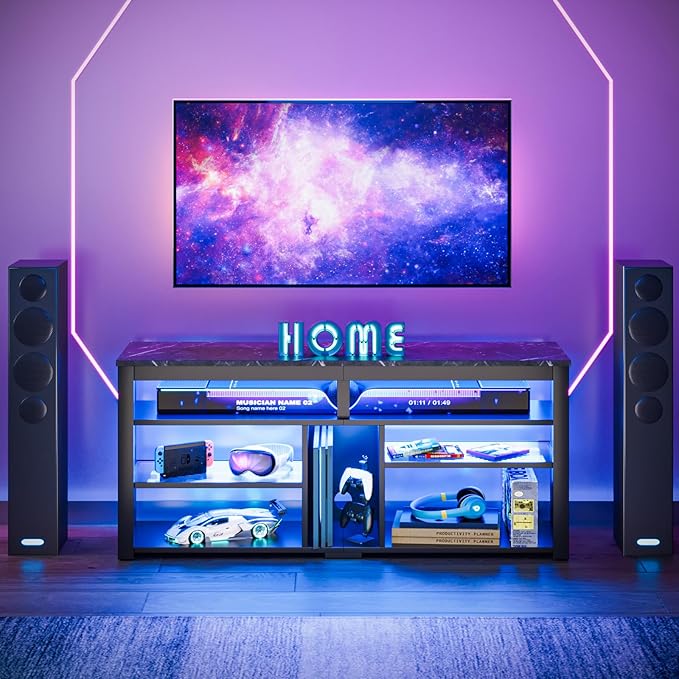Bestier LED Tall Entertainment Center, 55 inch TV Stand for 55/60/65 inch TV, Gaming TV Cabinet with Storage for PS5, Adjustable Shelf Media TV Console for Living Room Bedroom, Black Marble - LeafyLoom