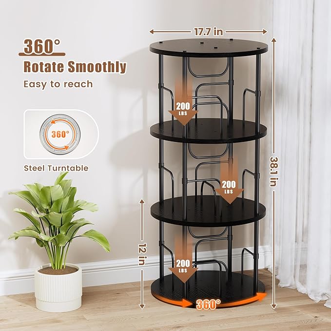 Rotating Bookshelf, 3 Tier Round Revolving Bookcase with Special Visible Partition Storage, 360° Display Spinning Bookshelf Tower Storage Organizer Rack for Bedroom, Living Room, Small Space, Black - LeafyLoom