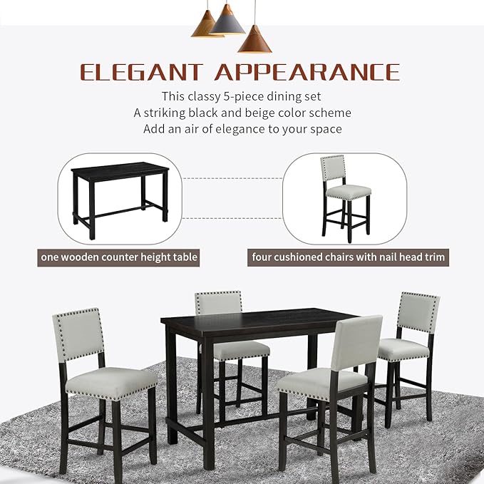 5-Piece Classic Counter Height Dinette Sets includes Kitchen Dining Table and 4 Matching Upholstered Chairs, for Diningroom Living Room, Easy to Assemble, Espresso 2 - LeafyLoom
