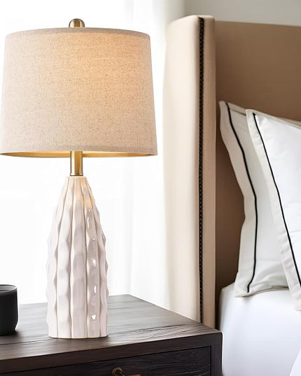 23.75" Modern White Ceramic Lamps Set of 2 for Living Room Study Room Office Dorm Farmhouse Nightstand, End Table Lamps - LeafyLoom