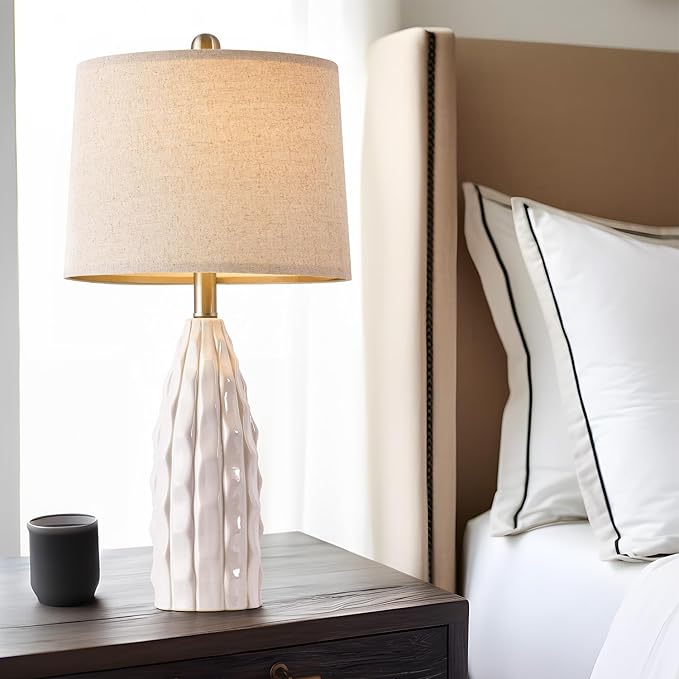 23.75" Modern White Ceramic Lamps Set of 2 for Living Room Study Room Office Dorm Farmhouse Nightstand, End Table Lamps - LeafyLoom