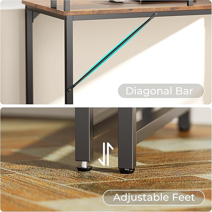 SUPERJARE 55 inch Computer Desk with LED Lights & Power Outlets, Gaming Desk with Monitor Shelf, Small Office Desk for Home & Office, Rustic Brown - LeafyLoom