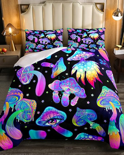 Mushroom Comforter Set Twin,Kawaii Trippy Botanical Bedding Set Psychedelic Plant Down Comforter For Kids Girls Teens Women Cartoon Cute Mushroom Room Decor Quilt Duvet Set With 1 Pillow Case Black - LeafyLoom