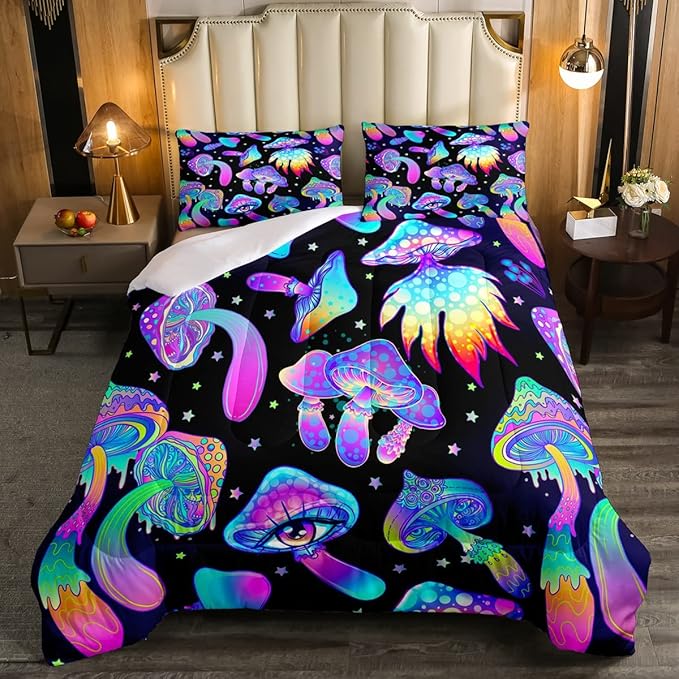 Mushroom Comforter Set Twin,Kawaii Trippy Botanical Bedding Set Psychedelic Plant Down Comforter For Kids Girls Teens Women Cartoon Cute Mushroom Room Decor Quilt Duvet Set With 1 Pillow Case Black - LeafyLoom