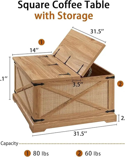 Farmhouse Square Coffee Table with Storage, Wood Center Table with Hinged Lift Top, Rustic Cocktail Table with Large Hidden Storage Compartment for Living Room, Bedroom,Natural,Rattan - LeafyLoom