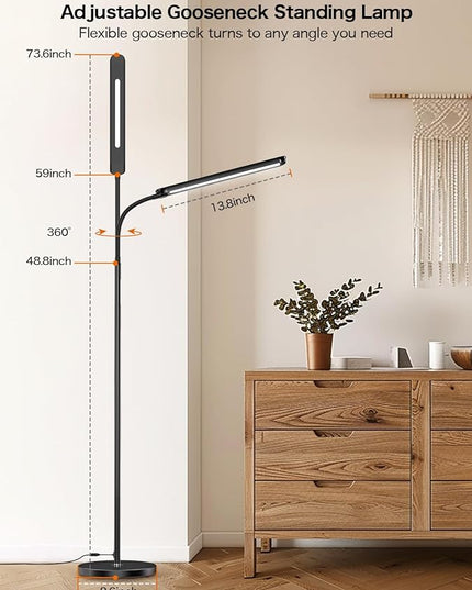 73" LED Floor Lamp,24W Super Bright Double-Sided Tall Standing Lamp with Timer,Remote and Touch Control,Adjustable Colors & Brightness Gooseneck Floor Lamps for Living Room Bedroom Office - LeafyLoom