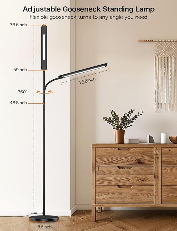 73" LED Floor Lamp,24W Super Bright Double-Sided Tall Standing Lamp with Timer,Remote and Touch Control,Adjustable Colors & Brightness Gooseneck Floor Lamps for Living Room Bedroom Office - LeafyLoom