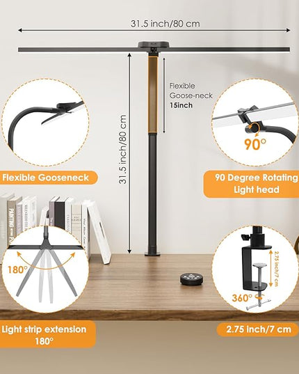 LED Desk Lamp for Home Office, 24W Double Head Architect Desk Lamp with Clamp, Remote Control, Adjustable Gooseneck, Stepless Dimming and Tempering Desk Light for Reading Study Drafting - LeafyLoom