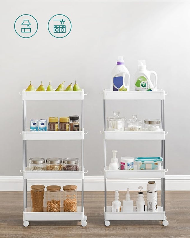 SONGMICS Slim Storage Cart, 4-Tier Rolling Cart, Narrow Utility Cart on Wheels, 6 Hooks, 360° Swivel Wheels, Lockable, Steel Frame, Bathroom, Kitchen, Office, Cloud White UKSC10WT - LeafyLoom