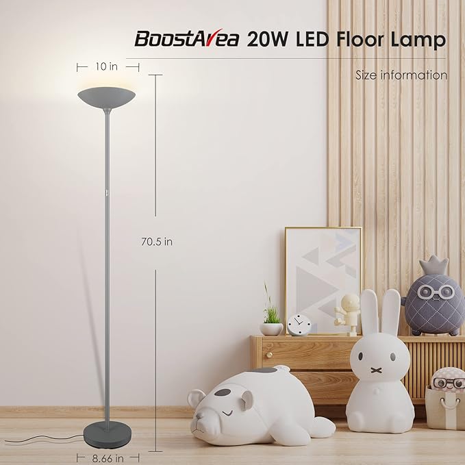Floor Lamp, Standing Lamp, 20W 2000LM LED Torchiere Floor Lamp, Stepless Dimmable, Touch Control, 3000K Daylight, 50000hrs Lifespan, Floor Lamps for Living Room, Standing Lamps for Bedroom Gray - LeafyLoom