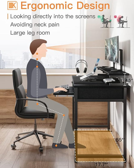 ODK Computer Desk Study Table, 55 Inch Office Desk with Drawers and Keyboard Tray, Study Desk Work Desk with Monitor Shelf, Writing Desk with Storage for Home Office, Black - LeafyLoom