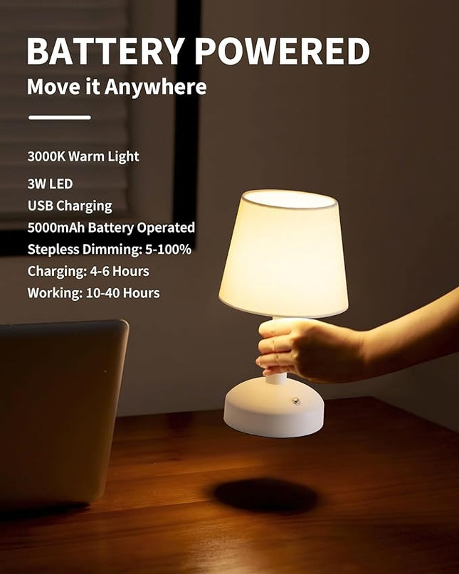 KDG Modern Cordless Small Table Lamp, Portable LED Fabric Shade Desk Lamps, 5000mAh Rechargeable Battery Operated Lighting for Bedroom, Bedside, Bar, Living Room, Dining Room, Night Light(White) - LeafyLoom