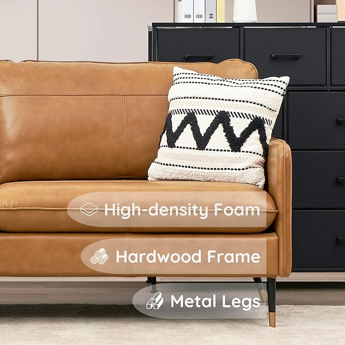 79" Genuine Leather Sofa, Top-Grain 3 Seater Leather Couch, Mid-Century Modern Upholstered Sofa for Living Room Bedroom Apartment Office, Cognac Tan - LeafyLoom