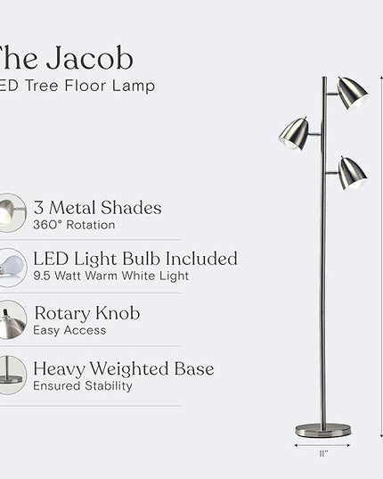 Brightech Jacob LED Standing Lamp, Modern Bright Floor Lamps for Living Rooms & Bedrooms, Tall LED Lighting Lamp with Adjustable 3 Light Tree – Satin Nickel - LeafyLoom