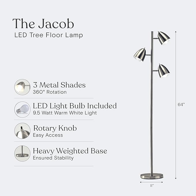 Brightech Jacob LED Standing Lamp, Modern Bright Floor Lamps for Living Rooms & Bedrooms, Tall LED Lighting Lamp with Adjustable 3 Light Tree – Satin Nickel - LeafyLoom