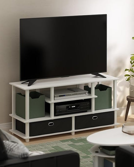 Furinno Jaya Large Lifestyle TV Stand, 55 Inch, White/White/Black - LeafyLoom