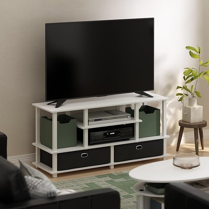 Furinno Jaya Large Lifestyle TV Stand, 55 Inch, White/White/Black - LeafyLoom