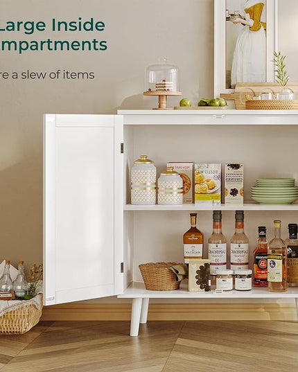 Buffet Cabinet with Storage, Storage Cabinet with PE Rattan Decor Doors, Accent Cabinet with Solid Wood Feet, Sideboard Cabinet for Hallway, Entry, Living Room, White - LeafyLoom