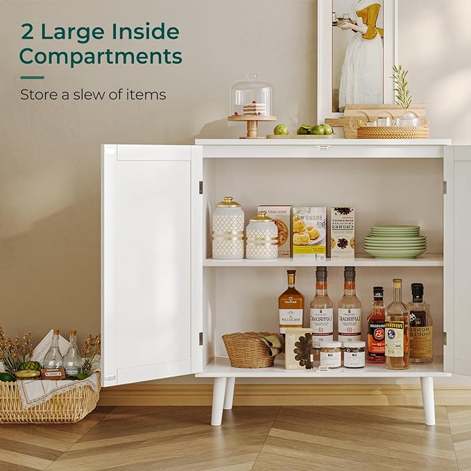 Buffet Cabinet with Storage, Storage Cabinet with PE Rattan Decor Doors, Accent Cabinet with Solid Wood Feet, Sideboard Cabinet for Hallway, Entry, Living Room, White - LeafyLoom