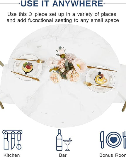 VECELO Small Round Dining Table Set for 2, Wood Marbled Tabletop with Steel Frame, Modern Dinette with Chairs for Kitchen Breakfast Nook Living Room, White and Gold - LeafyLoom