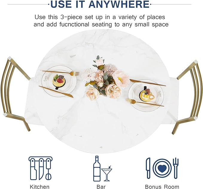 VECELO Small Round Dining Table Set for 2, Wood Marbled Tabletop with Steel Frame, Modern Dinette with Chairs for Kitchen Breakfast Nook Living Room, White and Gold - LeafyLoom
