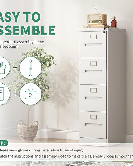 4 Drawer File Cabinet,Metal Filing Cabinets with Lock,White Vertical File Cabinet for Home Office,Heavy Duty Metal Storage Cabinet for A4/Letter/Legal Size File,Assembly Required - LeafyLoom