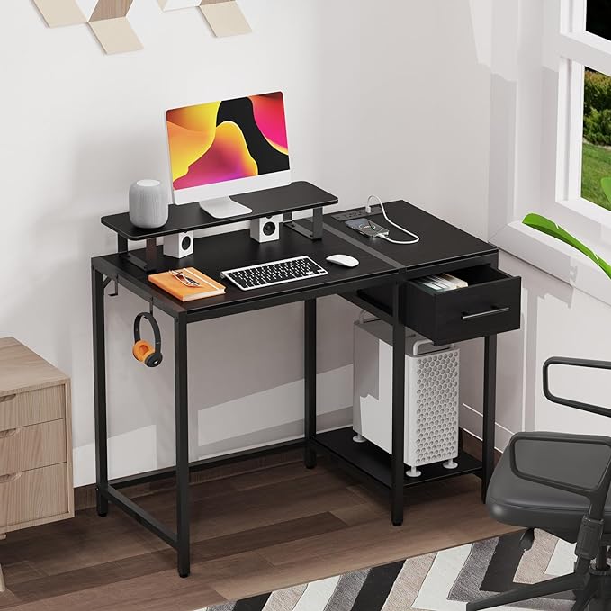 Gaming Desk with Led Lights & Power Outlets, 40 Small Gaming Computer Desk with Drawers, Reversible Gamer Desk with Monitor Stand,Work for Home Office,Writing Study Table for Bedroom,Black - LeafyLoom