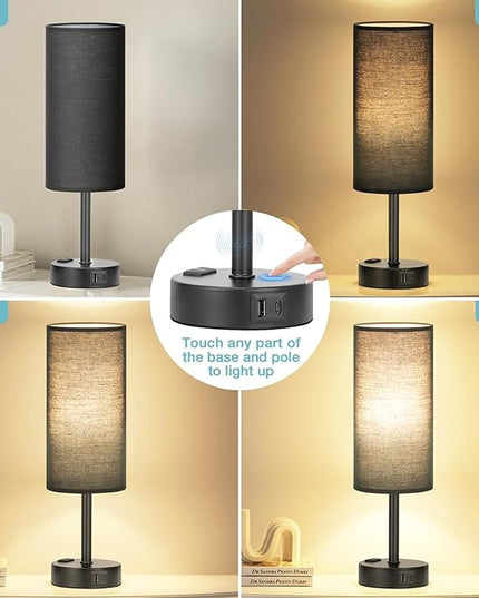 Black Bedroom Lamp for Nightstand - 3 Way Dimmable Bedside Lamp USB C A Charging Ports and AC Outlet, Small Table Lamp Black Base for Living Room, Office Desk, LED Bulb Included - LeafyLoom