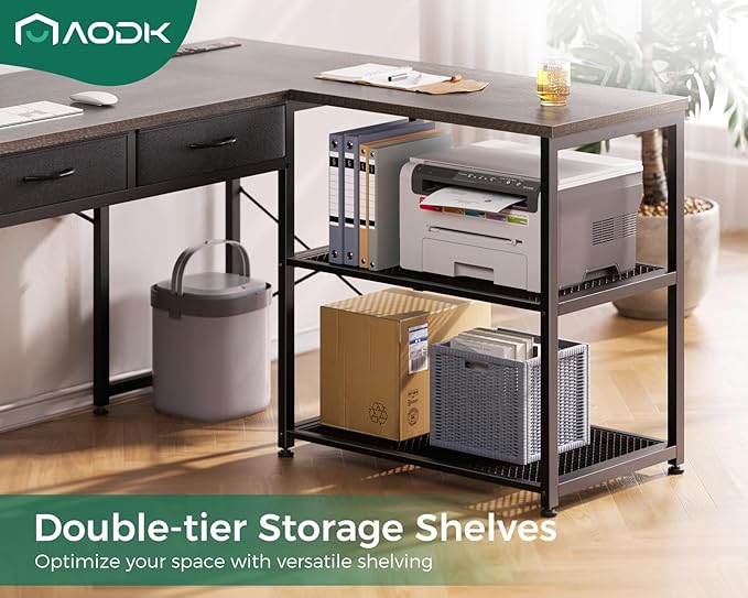 AODK 53 Inch L Shaped Computer Desk with Drawers, Corner Desk with Power Outlets & Reversible Storage Shelves, Movable CPU Stand for Home Office Gaming, Oak Grey - LeafyLoom