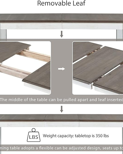 7-Piece Wooden Rectangular Extendable Dining Table and 6 Upholstered Chairs Set for Kitchen Room Furniture, Retro Style, Brown + White, 54"-70" L x 36" W x 30" H - LeafyLoom