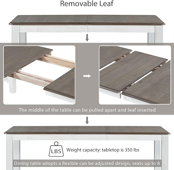 7-Piece Wooden Rectangular Extendable Dining Table and 6 Upholstered Chairs Set for Kitchen Room Furniture, Retro Style, Brown + White, 54"-70" L x 36" W x 30" H - LeafyLoom
