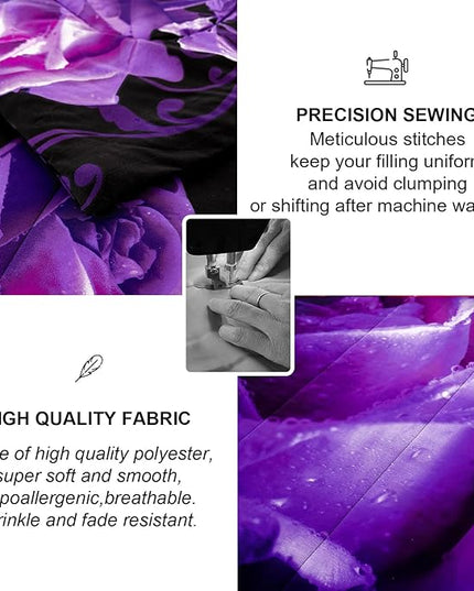 WONGS BEDDING Purple Comforter Set Twin Reversible Purple Rose Pattern Printed Bedding Down Comforter with 1 Pillowcases for All Seasons, Soft Microfiber Filling Bedding Set 90"x68" - LeafyLoom