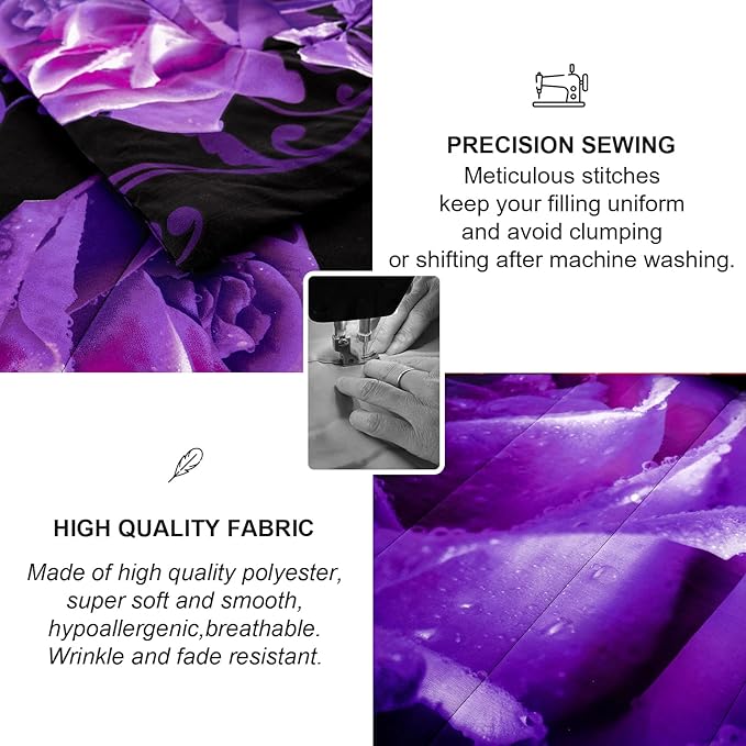 WONGS BEDDING Purple Comforter Set Twin Reversible Purple Rose Pattern Printed Bedding Down Comforter with 1 Pillowcases for All Seasons, Soft Microfiber Filling Bedding Set 90"x68" - LeafyLoom