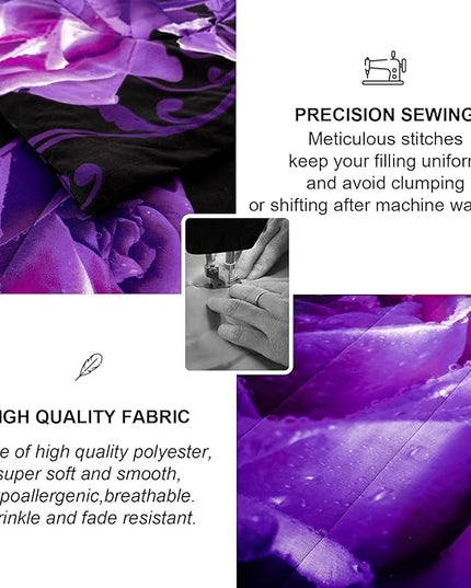WONGS BEDDING Purple Comforter Set King Reversible Purple Rose Pattern Bedding Comforter with 2 Pillowcases for All Seasons, Soft Microfiber Filling Bedding 103"x90" - LeafyLoom