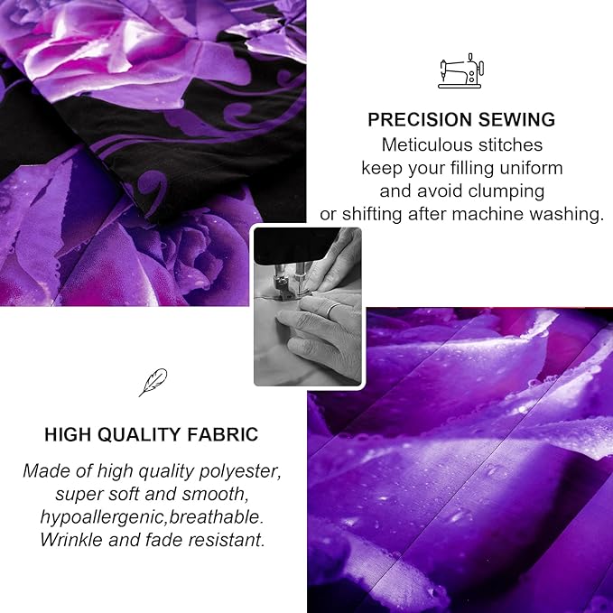 WONGS BEDDING Purple Comforter Set Queen Reversible Purple Rose Pattern Bedding Comforter with 2 Pillowcases for All Seasons, Soft Microfiber Filling Bedding Set 90"x90" - LeafyLoom