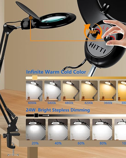 【Upgrade Head Dual Dimmer】 10X Magnifying Glass with Light and Stand, HITTI 2-in-1 LED Lighted Magnifier Large Base & Clamp, Infinite Color Stepless Dimming Magnifying Lamp for Painting Craft Reading - LeafyLoom