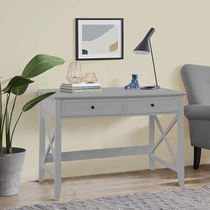 Computer Desk with 2 Drawers, Elegant Home Office Writing Study Desk with Storage, Modern Simple Vanity Desk Console Table for Living Room, Grey - LeafyLoom
