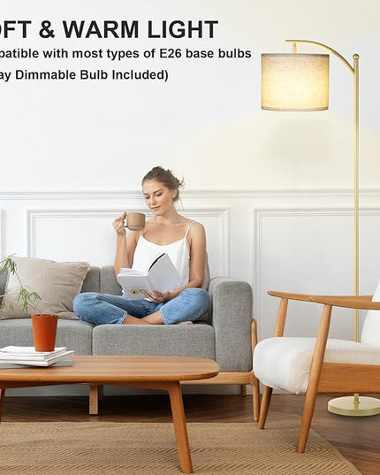 Floor Lamp for Living Room, Dimmable Standing Lamp Tall with Linen Shade Modern Floor Lamps Foot-step Switch Reading Lamp for Living Room Bedroom Office Dining Room, 9W Bulb Included (Gold) - LeafyLoom